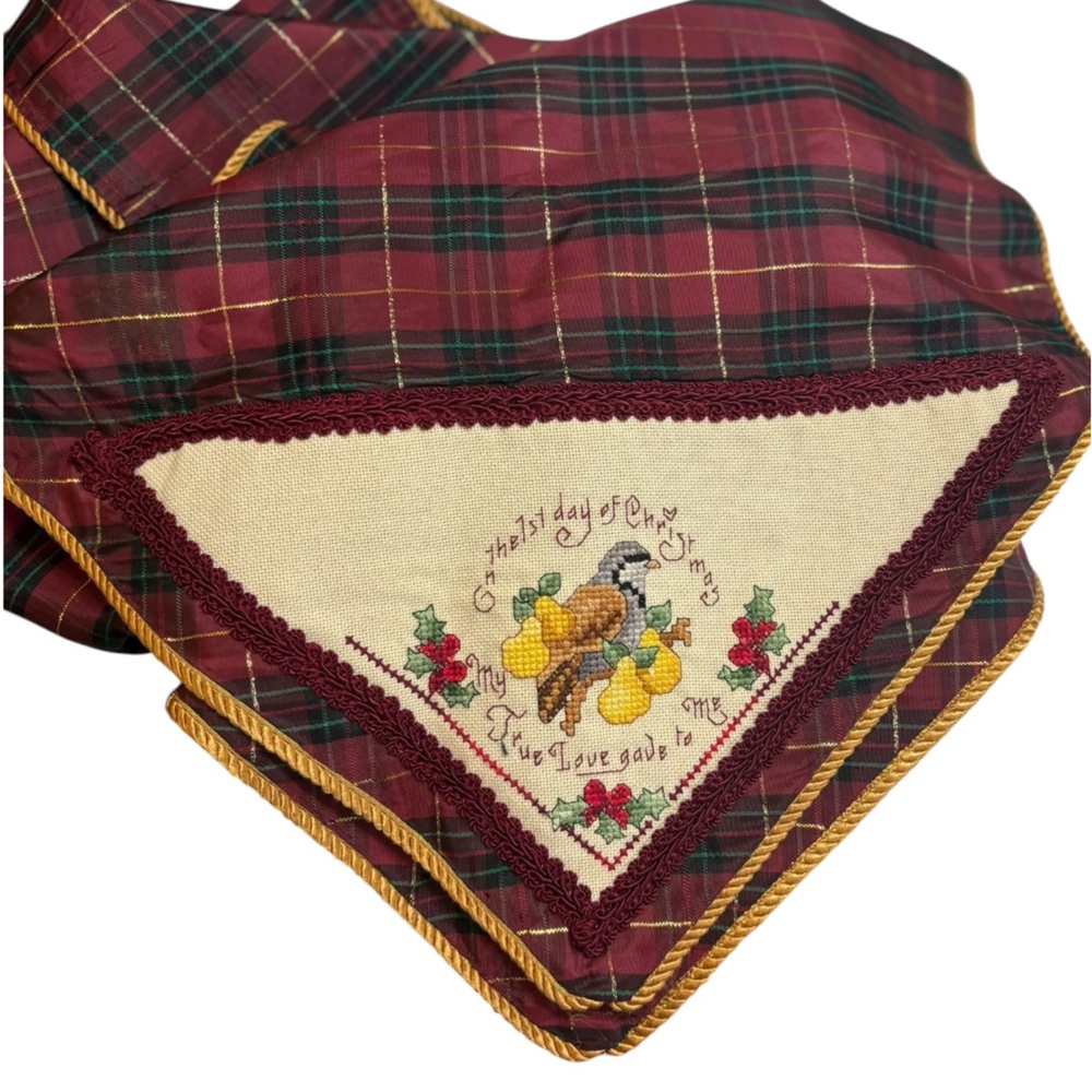 Burgundy & Green Tartan Plaid Holiday Table Runner Handmade Needle Point Accent